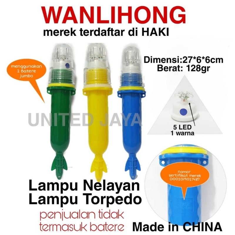 lampu nelayan lampu torpedo lampu kapal wanlihong 5 LED cahaya hijau tidak kedip