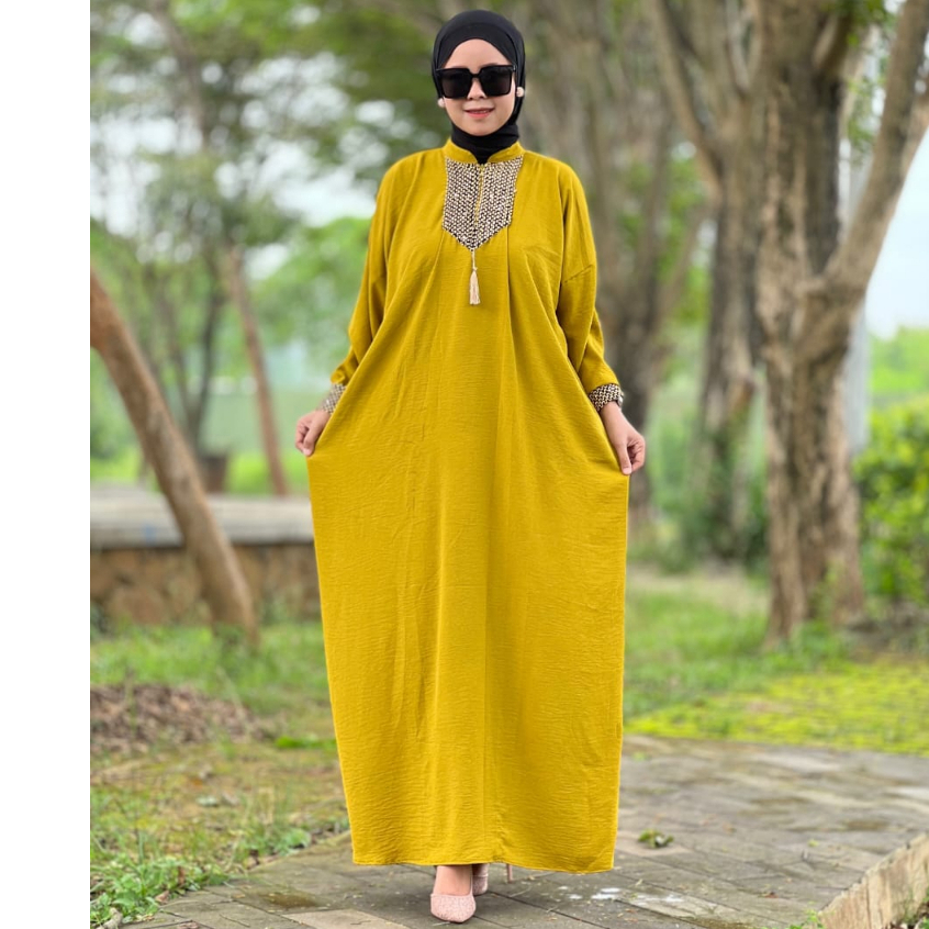 Gamis Sultan Renda Kringkle Airflow Premium Dress Kaftan Arab Polos Simple Busui Friendly Hitam-5