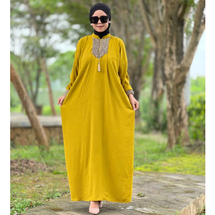 Gamis Sultan Renda Kringkle Airflow Premium Dress Kaftan Arab Polos Simple Busui Friendly Hitam-Lime Kaftan