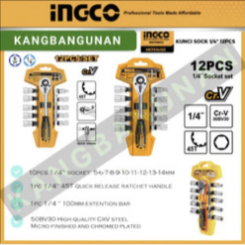 kunci sock recet ingco 1/4kualitas kuat 5-14mm 12pcs set ingco