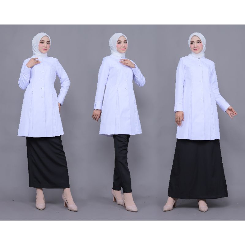 SERAGAM TUNIK PUTIH HITAM TUNIK BELAH POLOS BAHAN KATUN FREE HIJAB ATASAN PUTIH TUNIK /  SET ROK A H