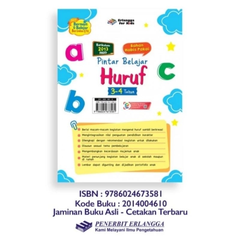 bahan habis pakai pintar belajar huruf untuk usia 3-4 tahun penerbit Erlangga for kids