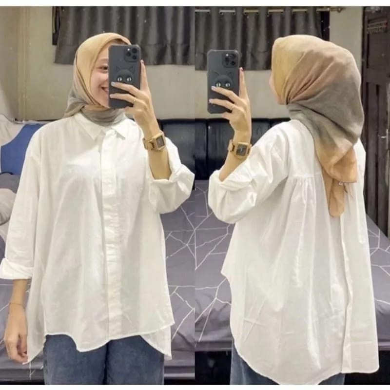 Kemeja linen rika top oversize wanita terkini - kemeja rika top polos oversize lengan panjang