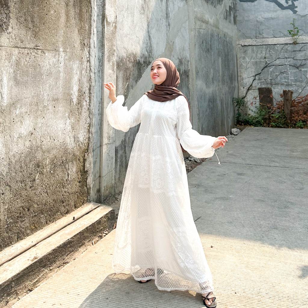 Joley Cloth - White Amanda Brukate Dress Muslim Gamis Kondangan Pesta Busui Gamis Sergaman Bridesmai