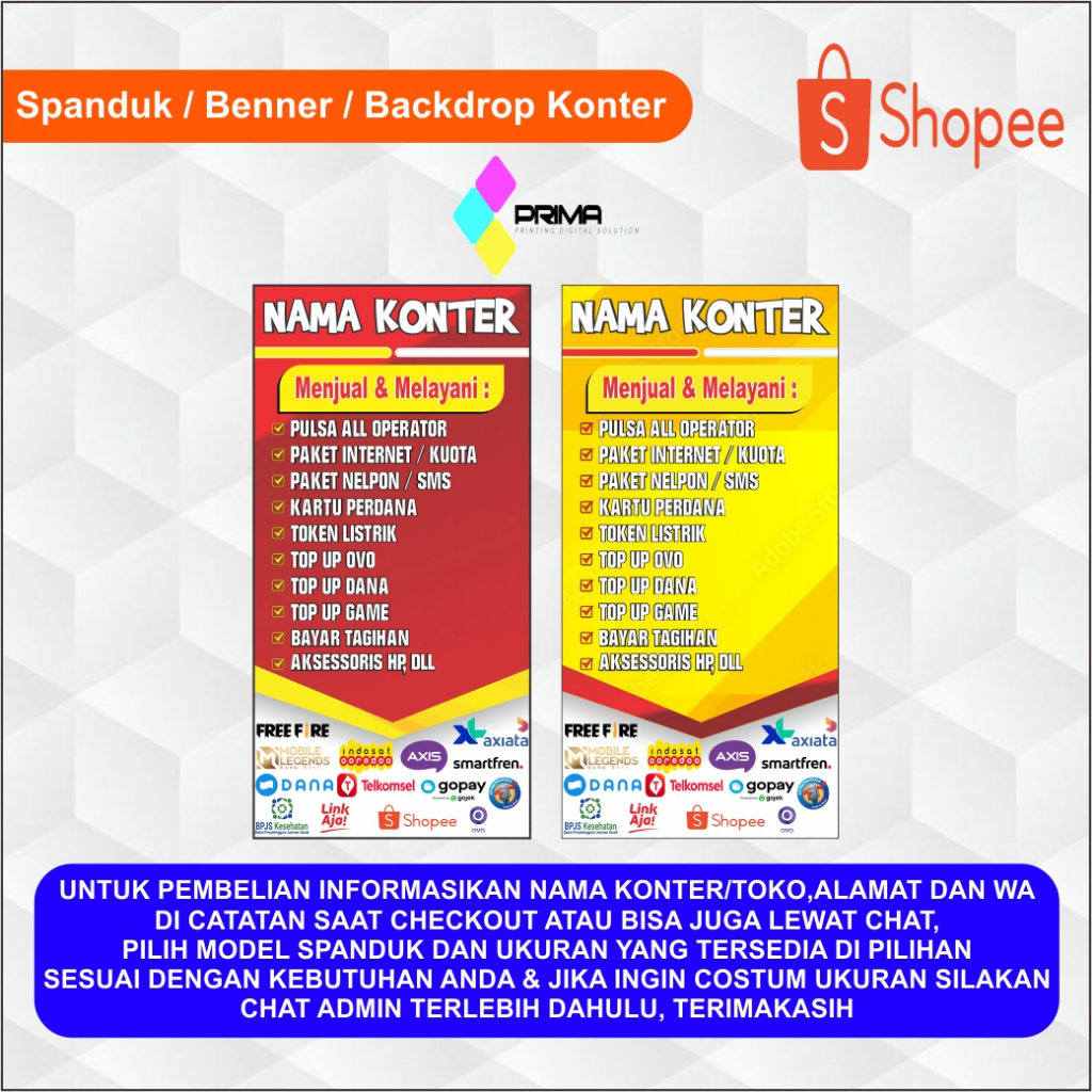 BANNER SPANDUK KONTER PULSA BELI 1 PAKET DAPAT 2 UKURAN 50x100 cm