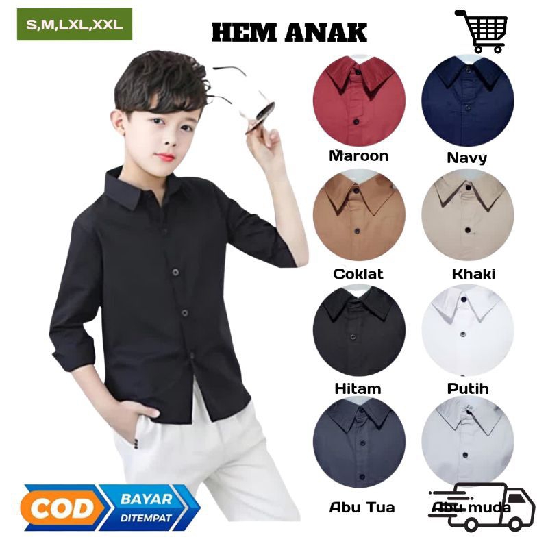 KEMEJA POLOS ANAK LENGAN PANJANG SIZE S-XXXL/SEMUA WARNA LENGKAP/KEMEJA HEM POLOS/KEMEJA DISTRO POLOS ANAK LENGAN PANJANG