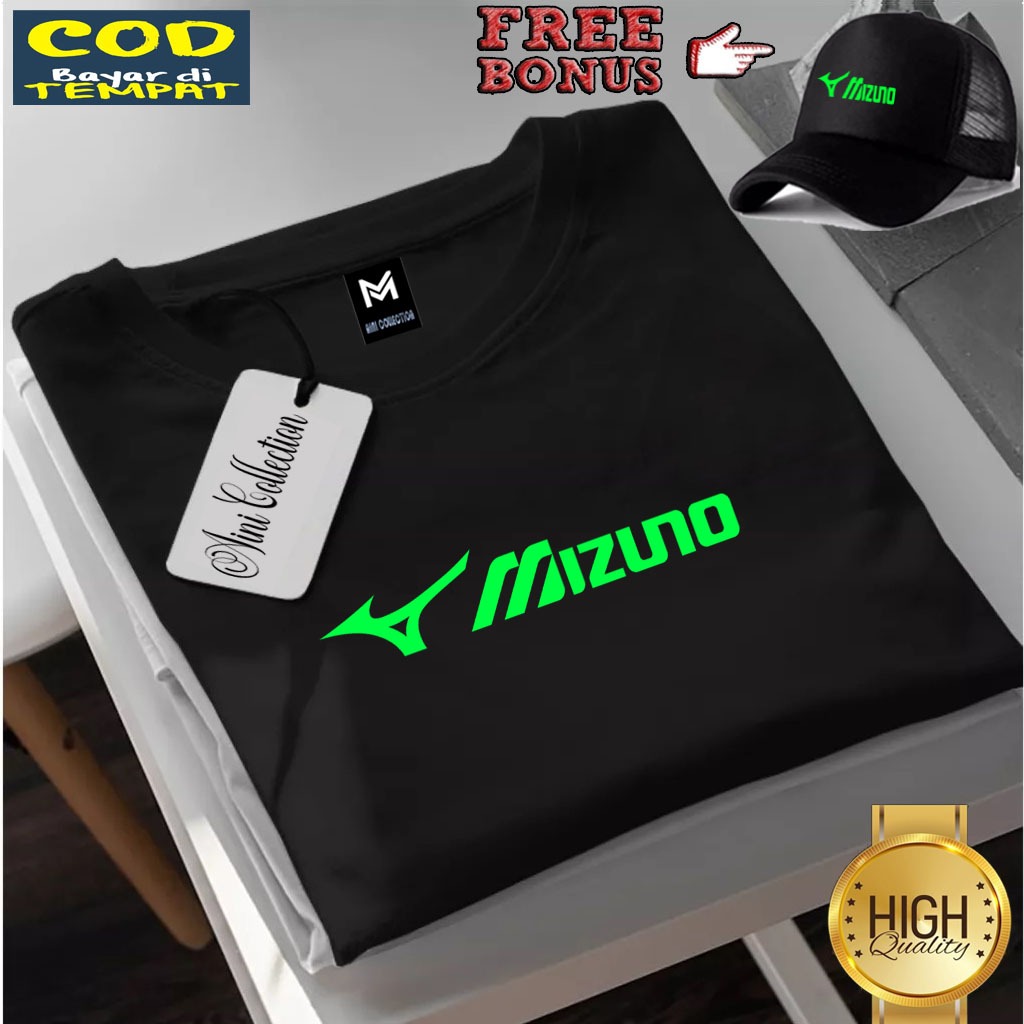 Bonus Topi.. Promo Kaos Keren Pendek Mizuno Lurus Text Stabilo /Kaos pendek / Kaos pria & Wanita / K