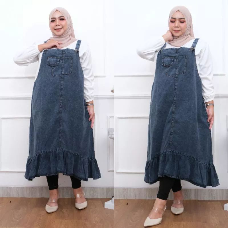 baju kodok overall jeans denim super jumbo wanita terbaru