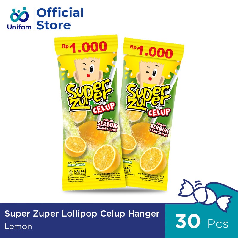 

Super Zuper Permen Lolipop Asam Celup Serbuk Buah - Sour Candy Hanger 1 Bag (Isi 30Pcs) @8.5 Gram - Lemon