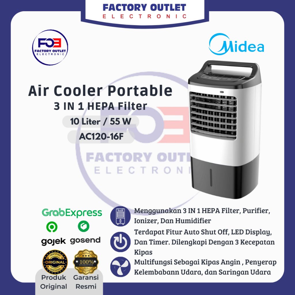 MIDEA AC120-16F Air Cooler Portable Standing 3 in 1 HEPA Filter 10 Liter - Black