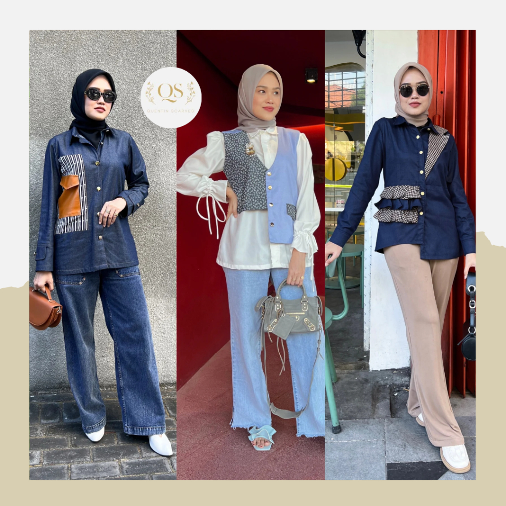 QS Denimplicity Blouse/Kemeja Denim Motif kombinasi Bahan Soft Denim High Quality dan Leather/Shirt 