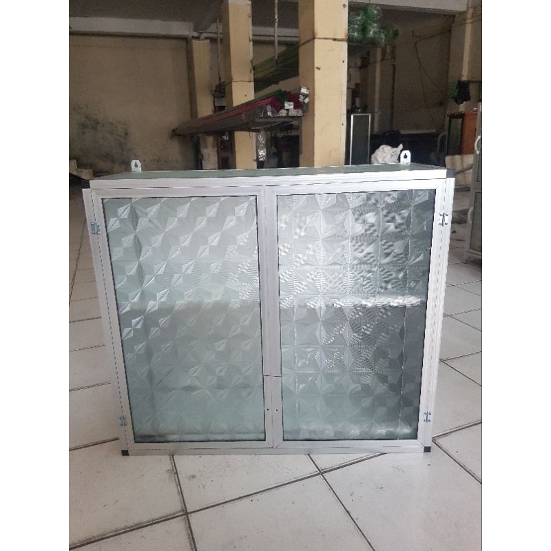 rak lemari gantung kitchen set atas aluminium kaca 2 pintu piring
