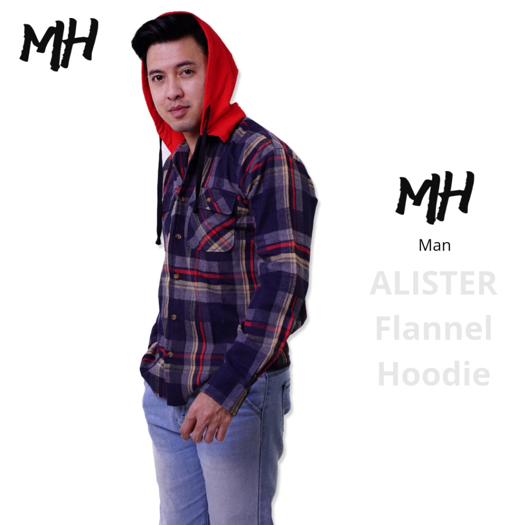 MH Fashion ALISTER Kemeja Hoodie Lengan Panjang Flannel Kotak Kombinasi Polos Jaket Pria Warna Putih