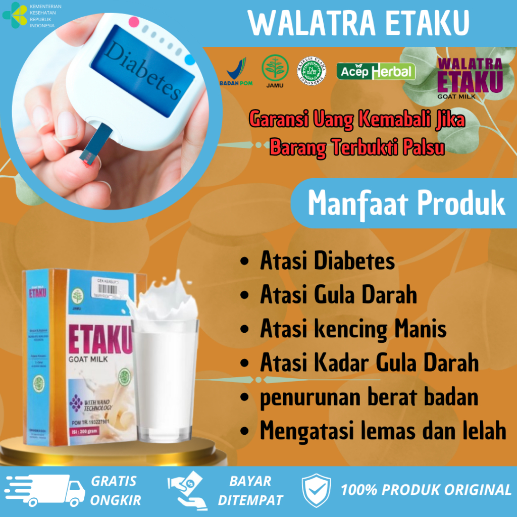 

Walatra Etaku Goat Milk Susu Kambing Etawa Bubuk Menurunkan Gula Darah atau Diabetes Atasi kencing Manis Atasi Kadar Gula Darah penurunan berat badan Mengatasi lemas dan lelah Herbal 100% ORIGINAL BPOM