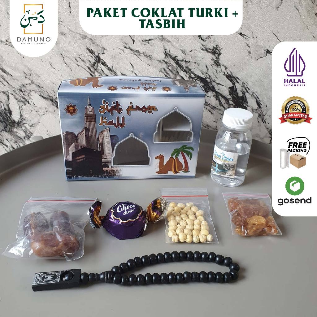 

Paket Oleh oleh Haji dan Umroh isi Air Zamzam + Botol+ Kacang Arab + cokelat Lilit Turki + tasbih kayu