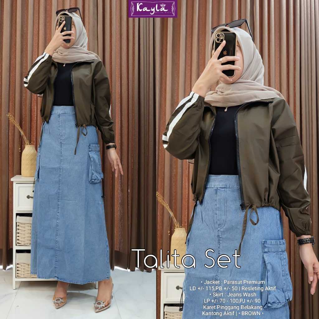 TALITA SET PAKAIAN SETELAN WANITA DEWASA TERBARU LD 115 JAKET PARASUT ROK JEANS BY KAYLA