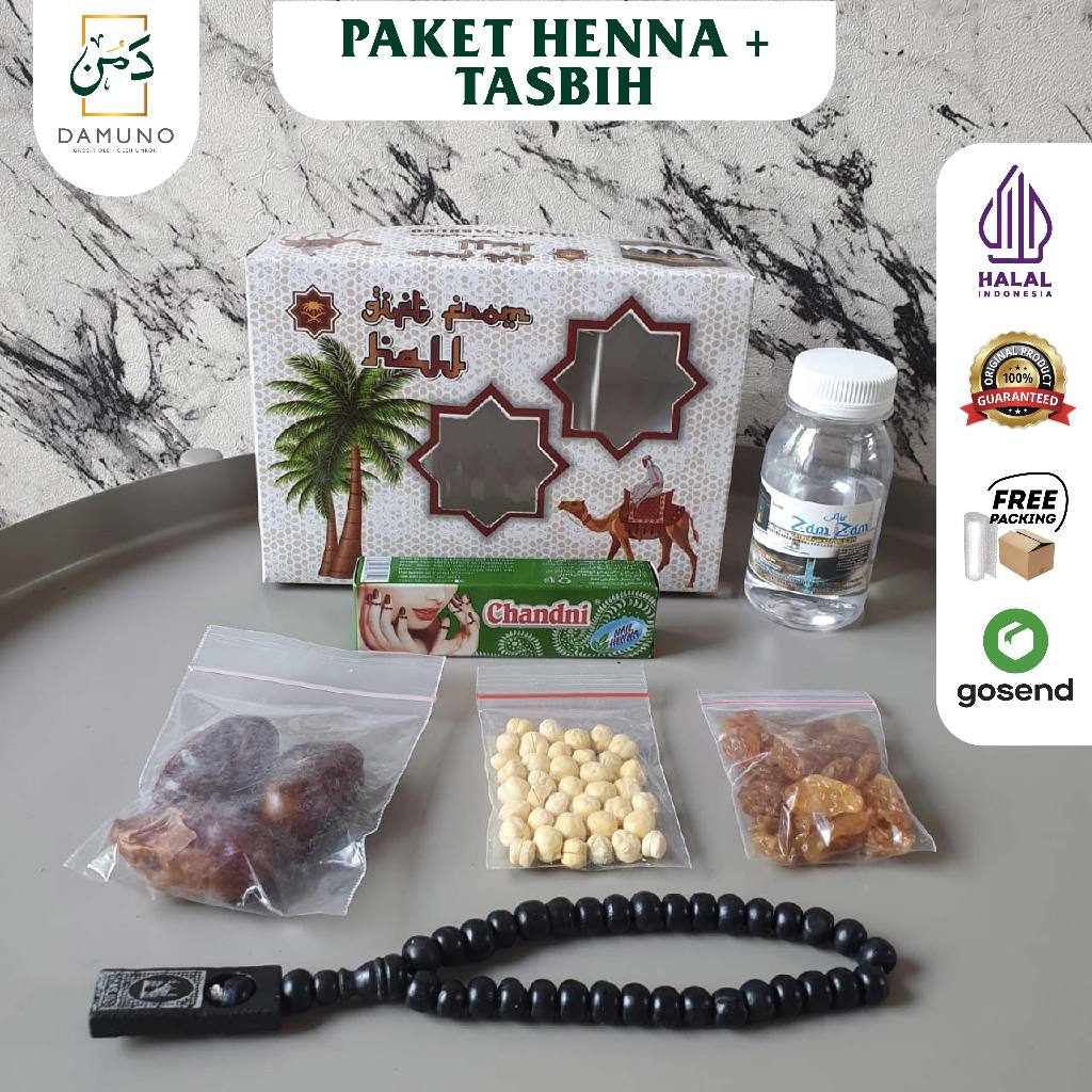 

Paket oleh oleh umroh + tasbih kayu + zamzam+botol50ml + kurma + kacang arab + kismis + henna arab