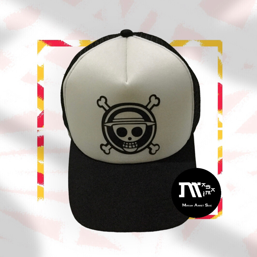Topi Trucker Hat Baseball Cap Distro Anime One Piece Monkey D. Luffy Logo Hitam-Putih