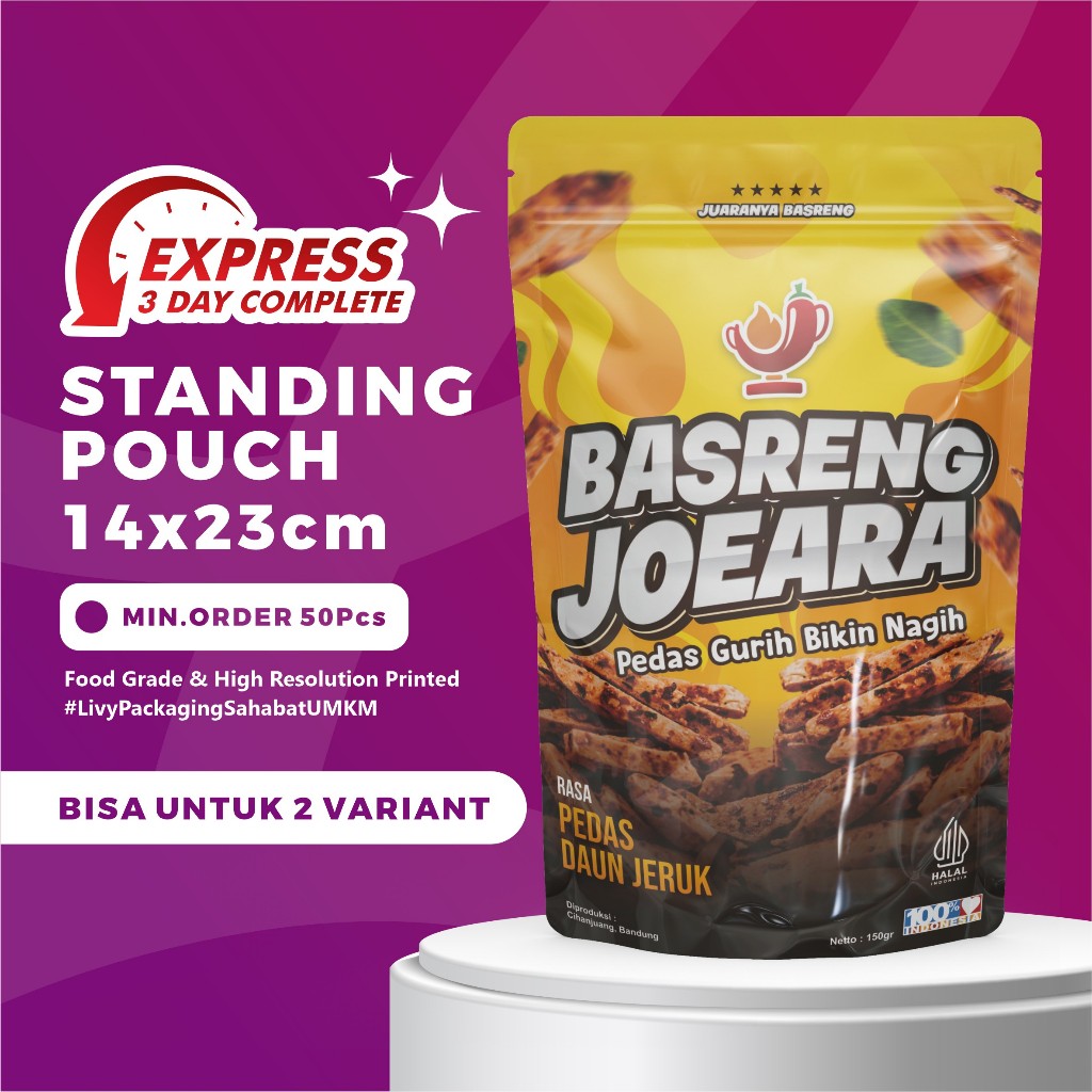 

Livy Packaging - Cetak Kemasan Standing Pouch 14x23cm Ziplock/Non Ziplock Packaging Makanan Basreng Bakso Aci - EXPRESS SERVICE