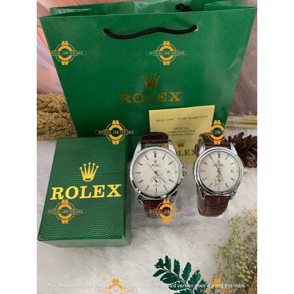 Jam Tangan Couple Rolex Kulit Automatic Tanpa Baterai Tipe R905 Free Box, Paperbag, Kartu & Baterai