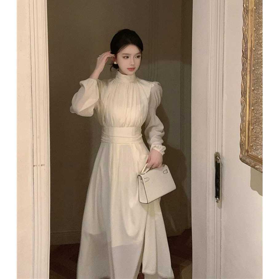𝐑𝐄𝐀𝐃𝐘 𝐒𝐓𝐎𝐂𝐊 𝐒𝐀𝐅 - VIRGO beige midi dress long sleeve woman premium / coquette dress / korean summer 