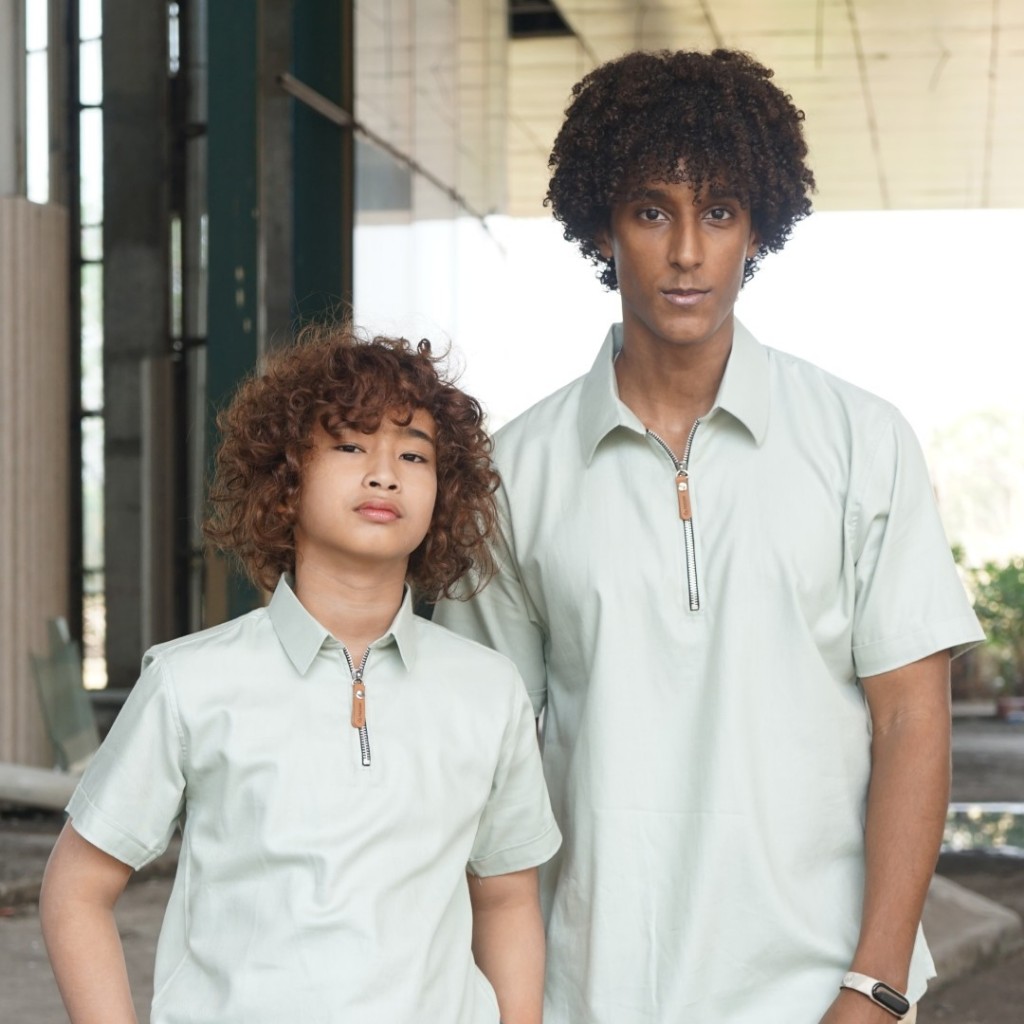 Fadsan Khan Series Baju Kemeja Koko Couple Ayah Dan Anak Cowok Lengan Pendek Warna Sage Green