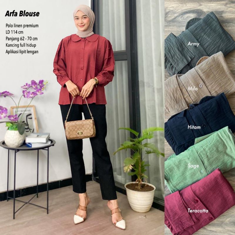 ARFA BLOUSE POLO LINEN LENGAN BALON / Blouse Balon / Blouse Polos / Blouse Wanita