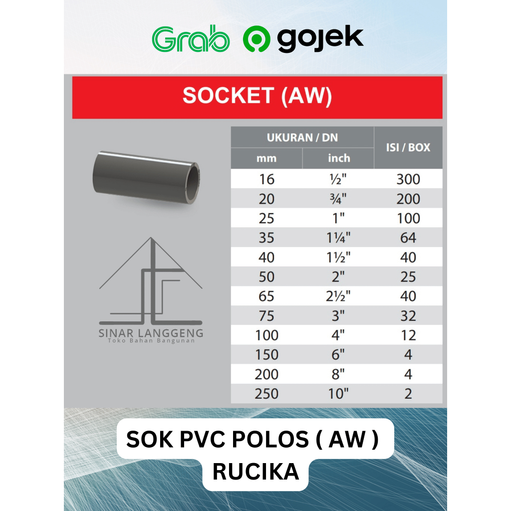 SOK / SOCKET PVC (AW) Rucika 6", 8", 10" Sambungan Pipa Fitting Pipa Tebal