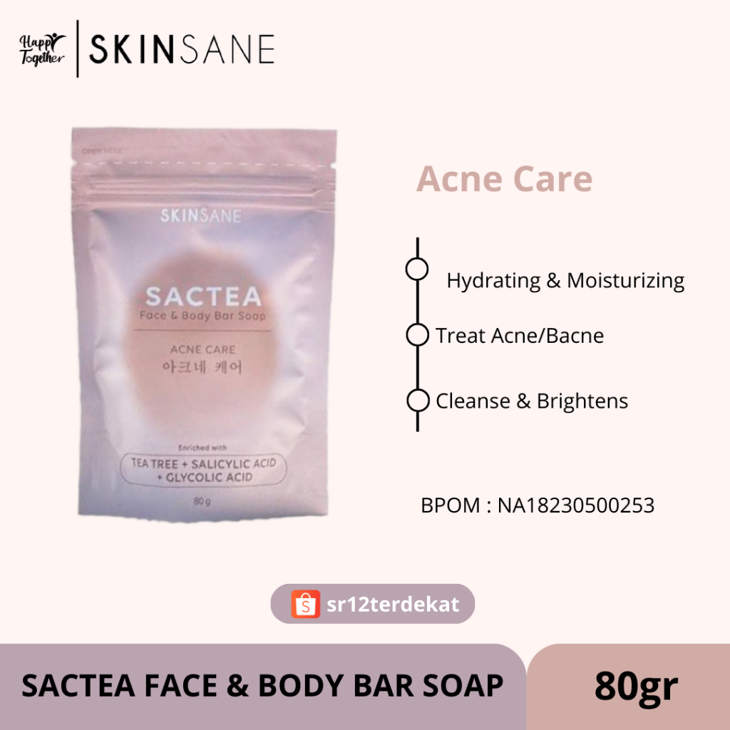 SKINSANE SACTEA FACE & BODY BAR SOAP SABUN BADAN SABUN WAJAH BERJERAWAT BRUNTUSAN JERAWAT
