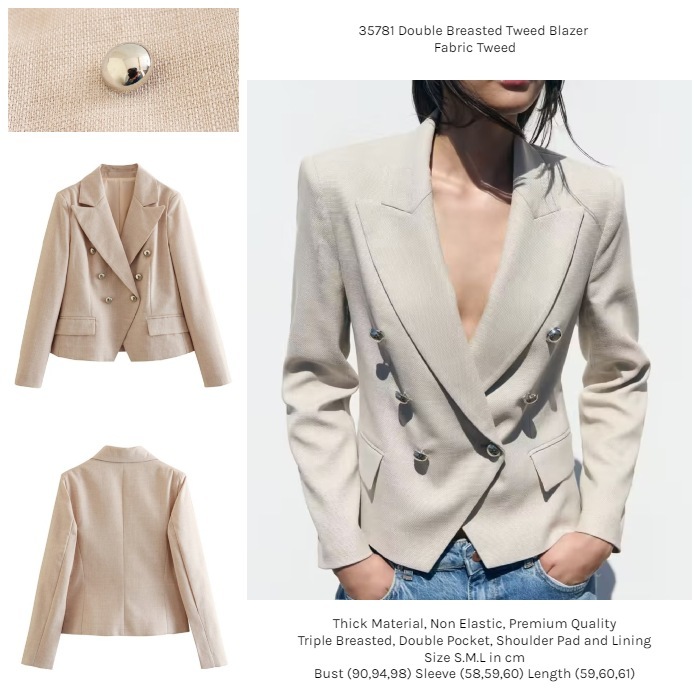 35781 Blazer Tweed Wanita Double Breasted Office Blazer