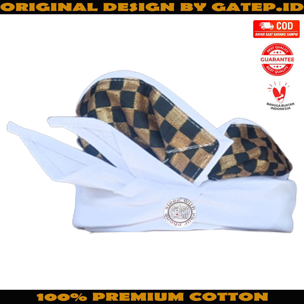 Udeng Bali Putih Polos Tepi Songket Lis Emas Setengah Jadi - Ikat Kepala Bali - Topi Bali - Blangkon