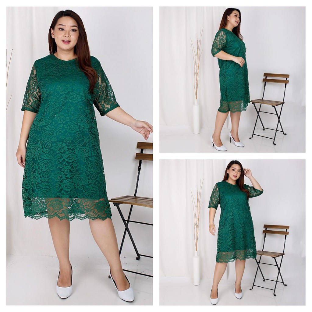 Dress SILVANA Big Size Brukat Jumbo Dres Brokat  HIJAU BOTOL XXL Bigsize XXXL Dress Natal Imlek