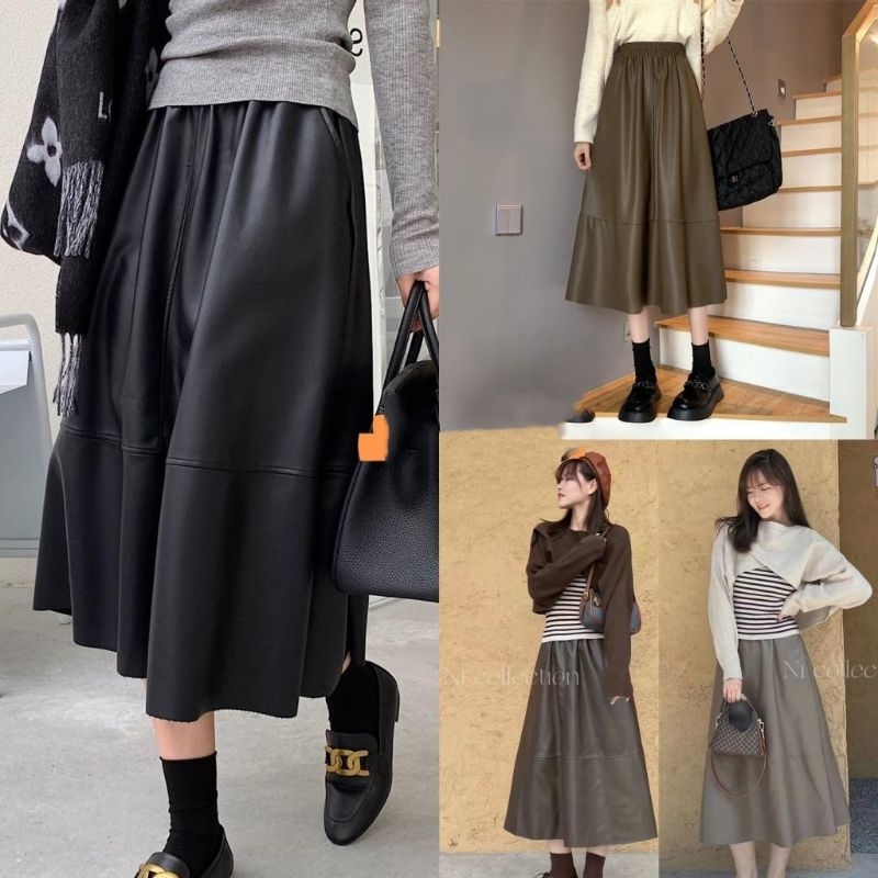 Rok Kulit Latex Midi Import Fashion Wanita BT00447