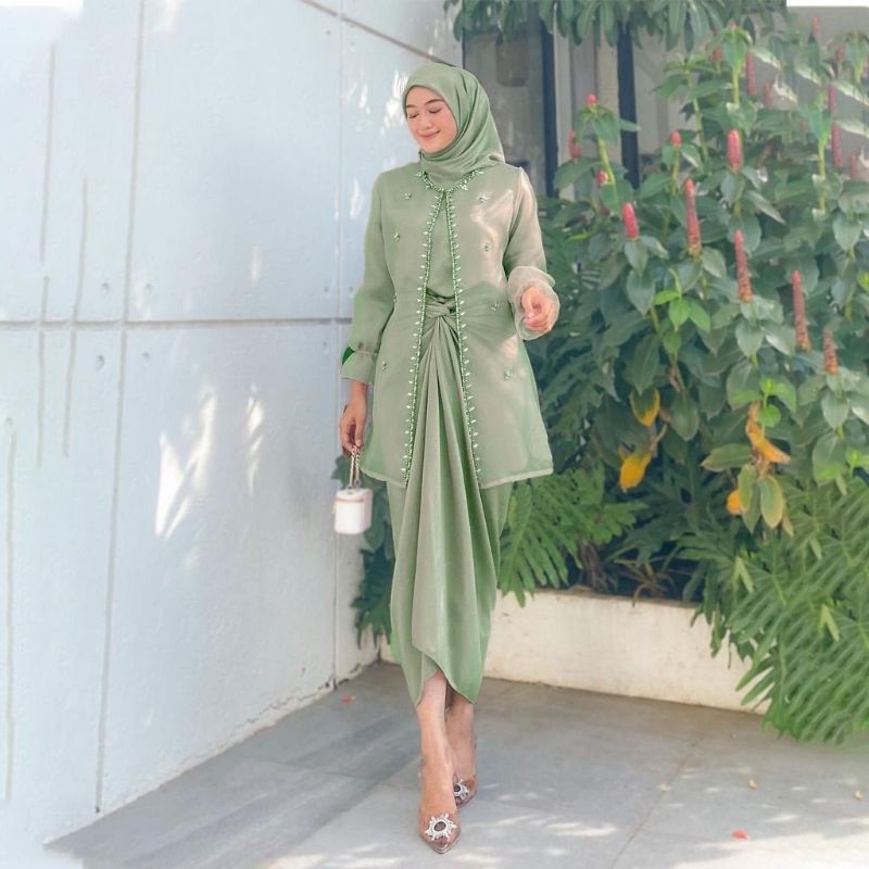 Baju kondangan one set outer organza wanita kekinian free hijab