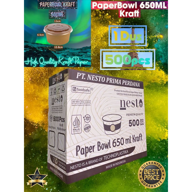 ISI 500PCS Paper bowl Kraft 650ml NESTO Tanpa Tutup / Paperbowl Coklat 27oz NESTO / Paper bowl 650ml