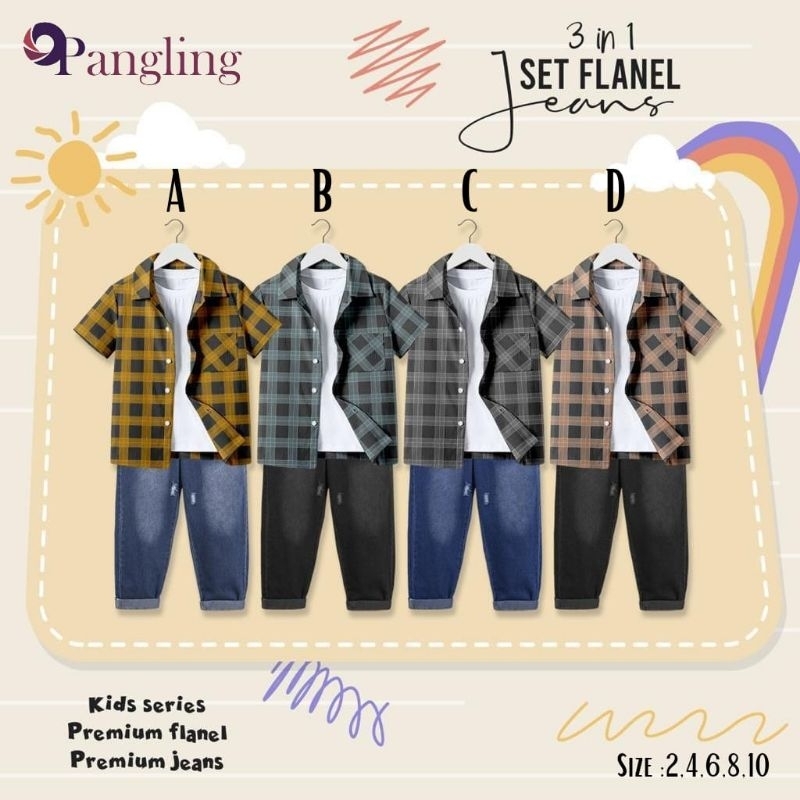 Pre ORDER (P.O) | 3in1 Set Flanel Jeans Opangling | Setelan Kemeja Anak | Setelan Casual | Kemeja Ca