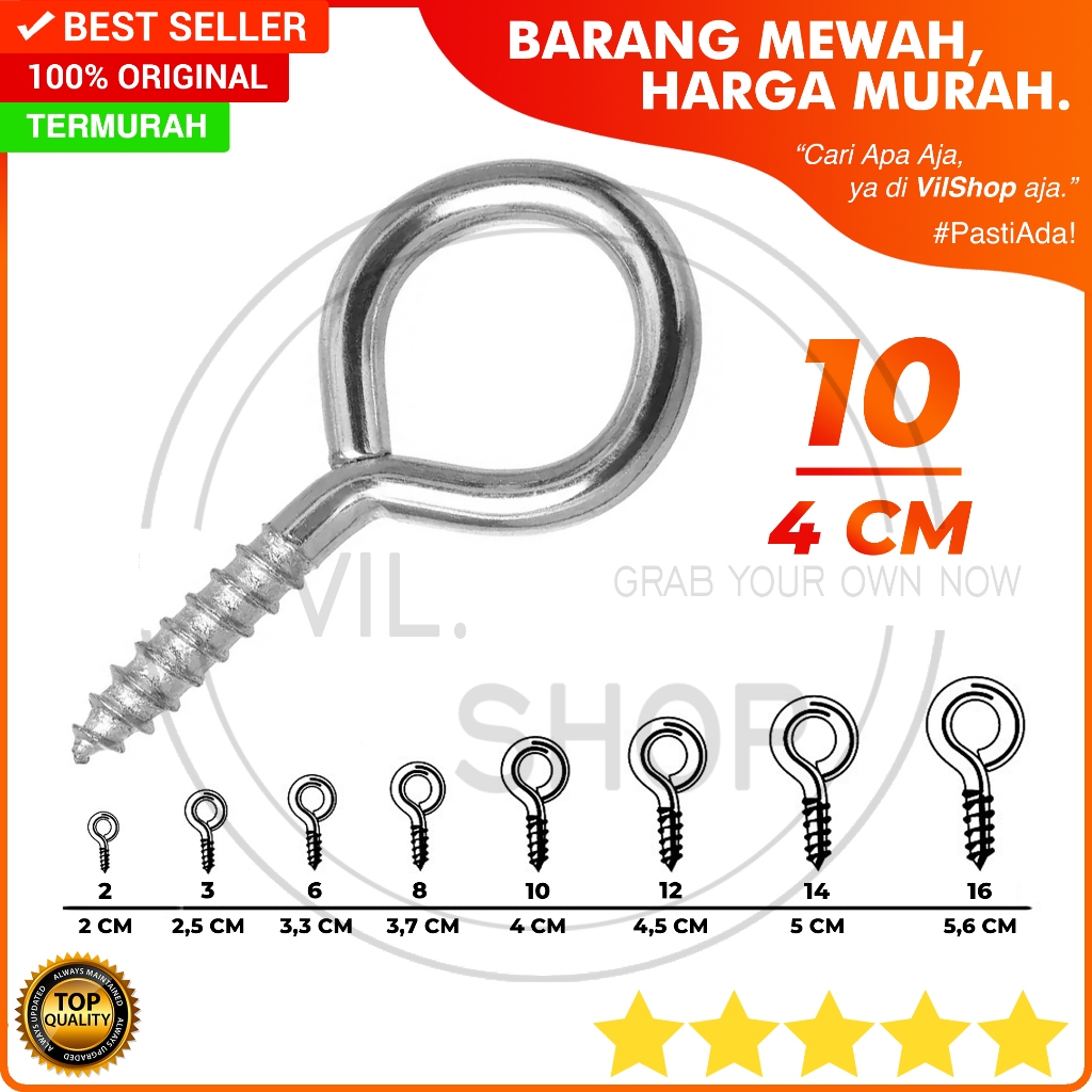 SKRUP CANTOLAN BULAT TUTUP NOMOR 10 PANJANG 4 CM 4CM SEKRUP GANTUNGAN TERTUTUP SCREW EYE BOLT EYES B