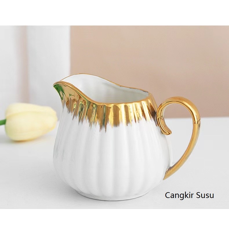 [ Hampers ] Set Tea Pot Cangkir Teko Kettle Ketel Poci Keramik Set  / Teapot Set Ribbon Gold / Teapot lucu / hampers teapot