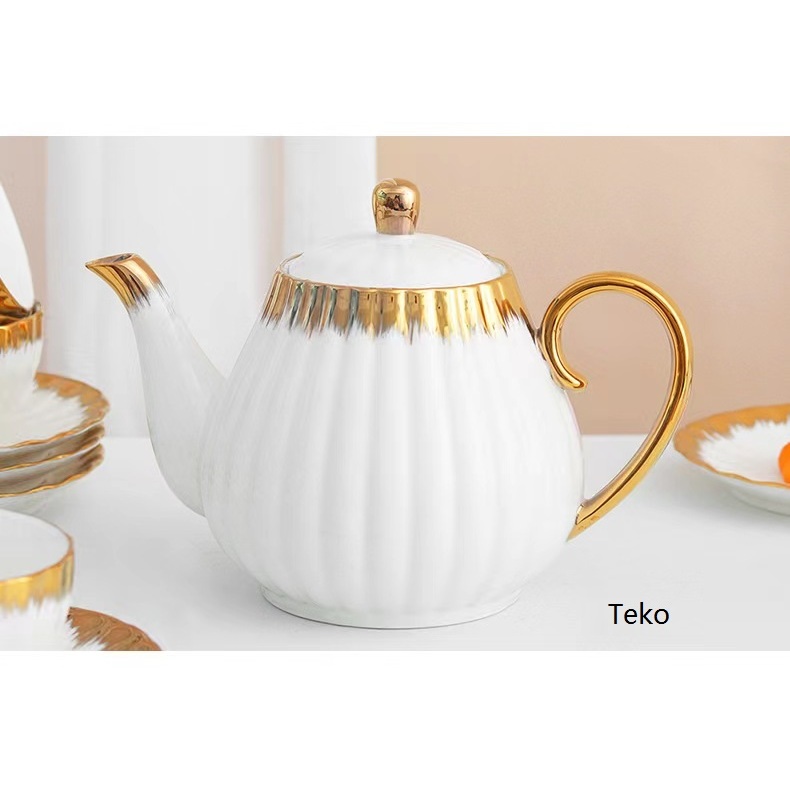 [ Hampers ] Set Tea Pot Cangkir Teko Kettle Ketel Poci Keramik Set  / Teapot Set Ribbon Gold / Teapot lucu / hampers teapot