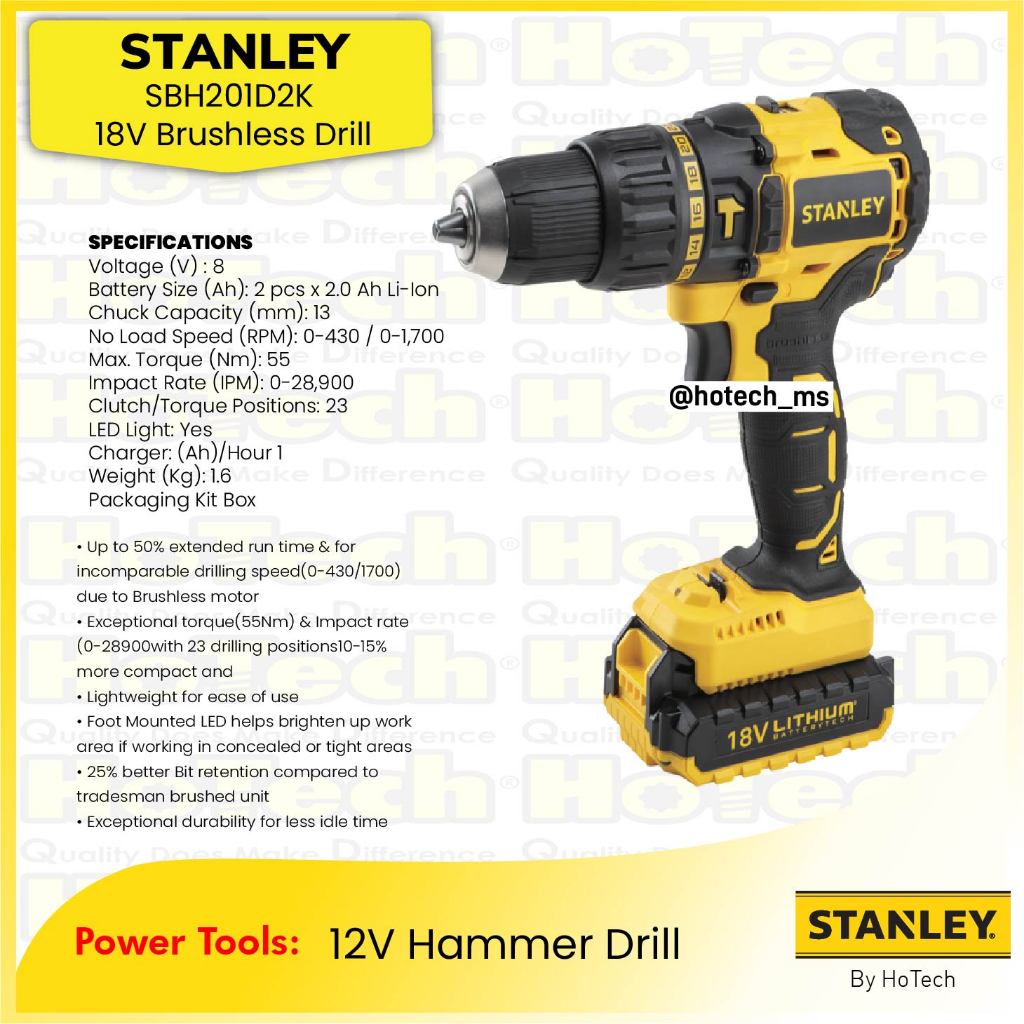 STANLEY SBH201D2K 18V Brushless Drill Driver | Mesin Brushless