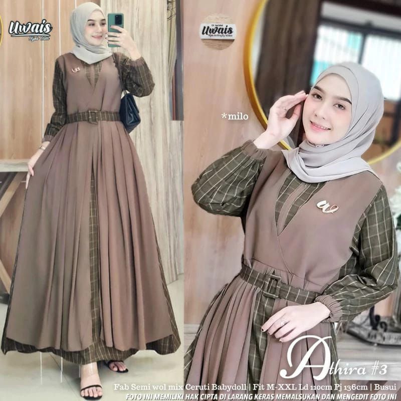 Gamis Athira Kotak Maxy Mewah Katun Mix Ceruty Free Belt Busui Friendly Resleting Gamis Lebaran // G