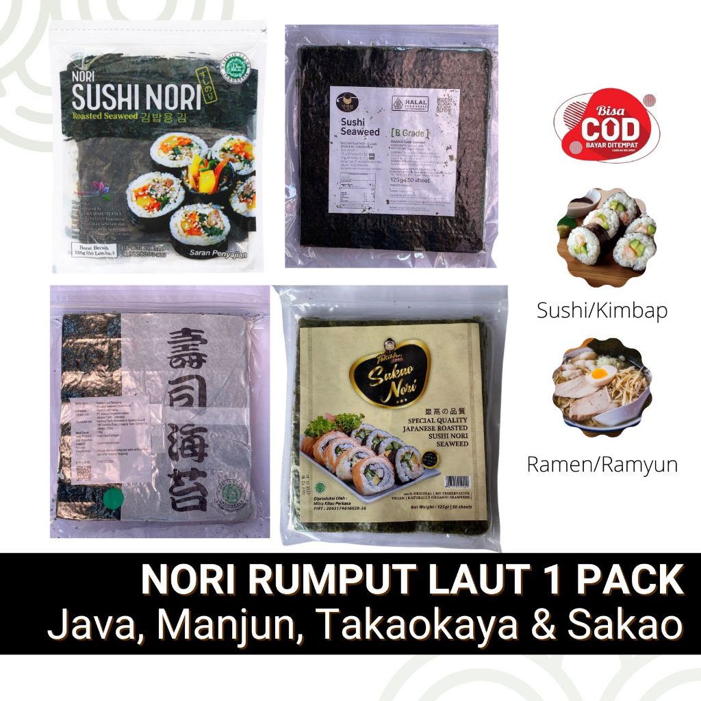 

Nori Sushi 1 pack 125gr - Nori Rumput Laut isi 50 Halal- Nori untuk Sushi