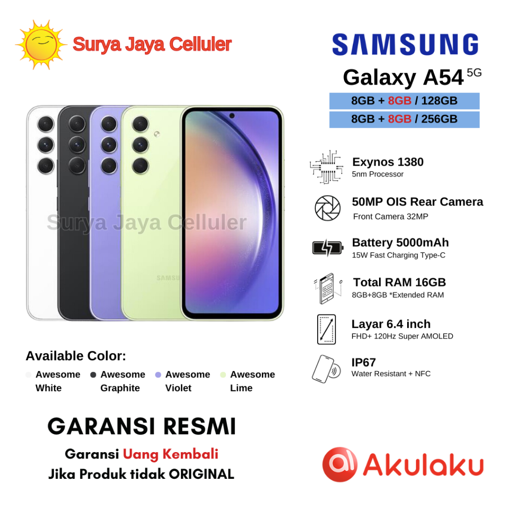 Samsung Galaxy A54 5G 8/256GB, A54 5G 8/128GB (Garansi Resmi Samsung)