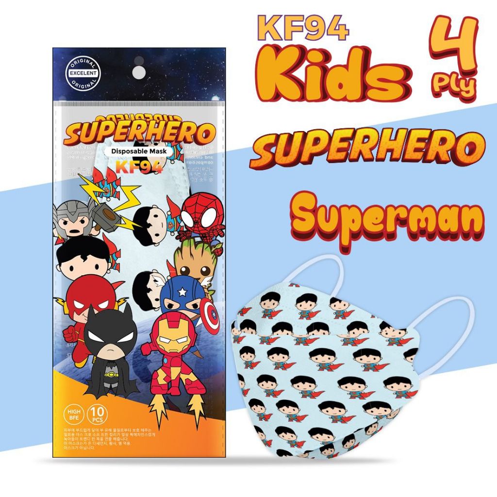 Masker KF94 Anak Superhero Flash Ironman Thor Spiderman Batman Superman Princess isi 10Pcs