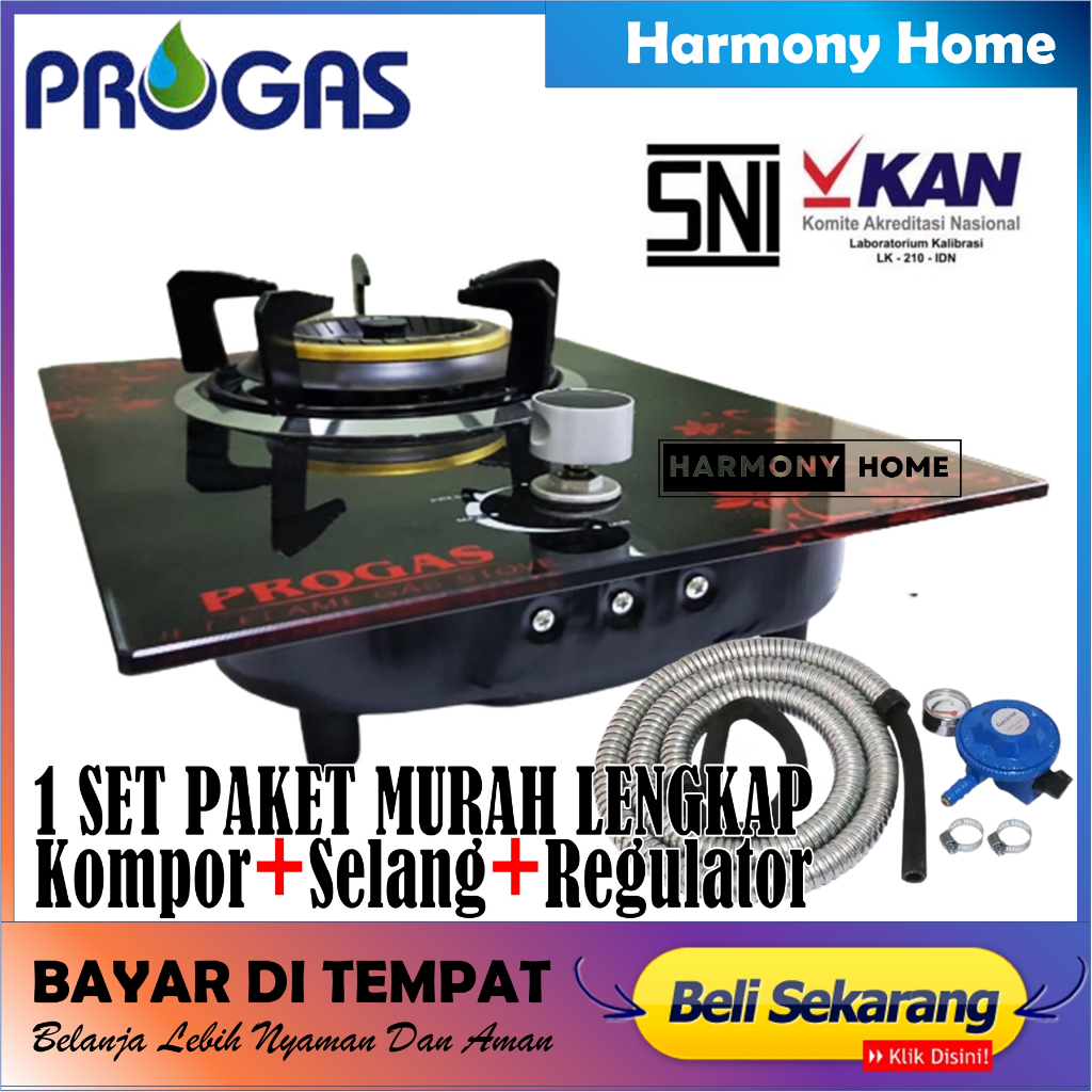 Kompor Gas Tanam Kaca Progas 1 Tungku Bonus Selang Gas+Regulator Meter Kompor 1 Tungku Api Bara Komp