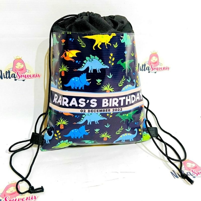Tas Souvenir Ulang Tahun Anak Custom Ransel Ultah Model Serut Dinosaurus Terbaru FREE DESAIN