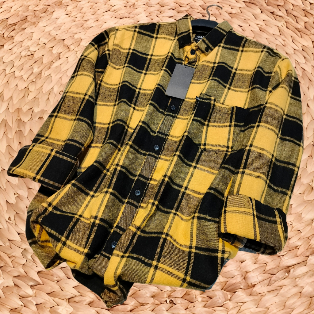 kemeja flanel pria dan wanita motif kotak-kotak lengan panjang warna hitam kuning
