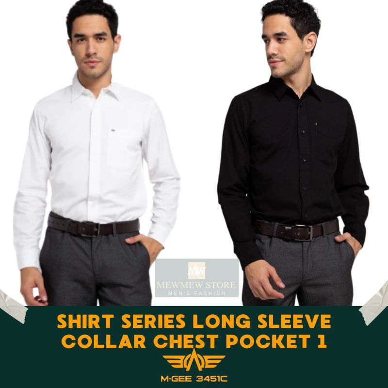 MGEE Kemeja Pria Lengan Panjang Hitam/Putih Polos Original - EZRA