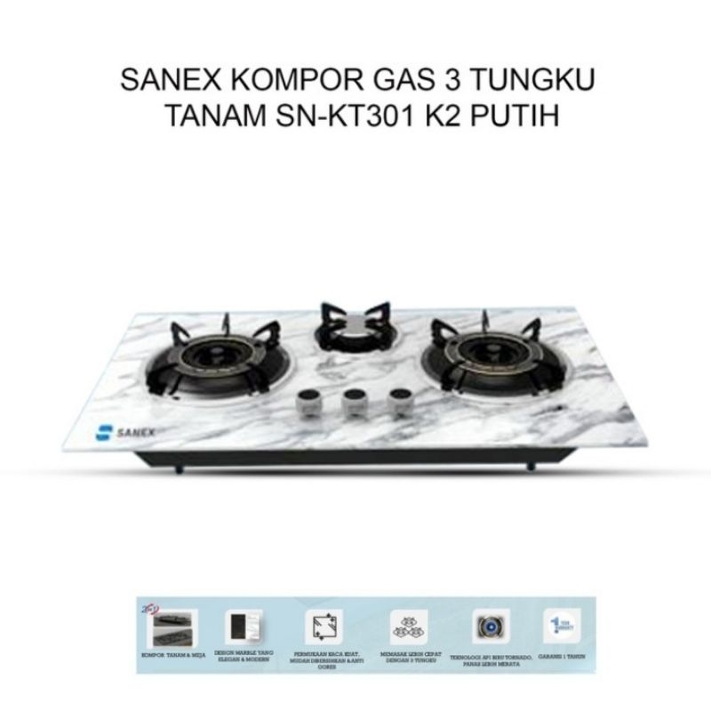 BATAM - SANEX SNKT301 K2 kompor gas kaca tanam 3 tungku putih