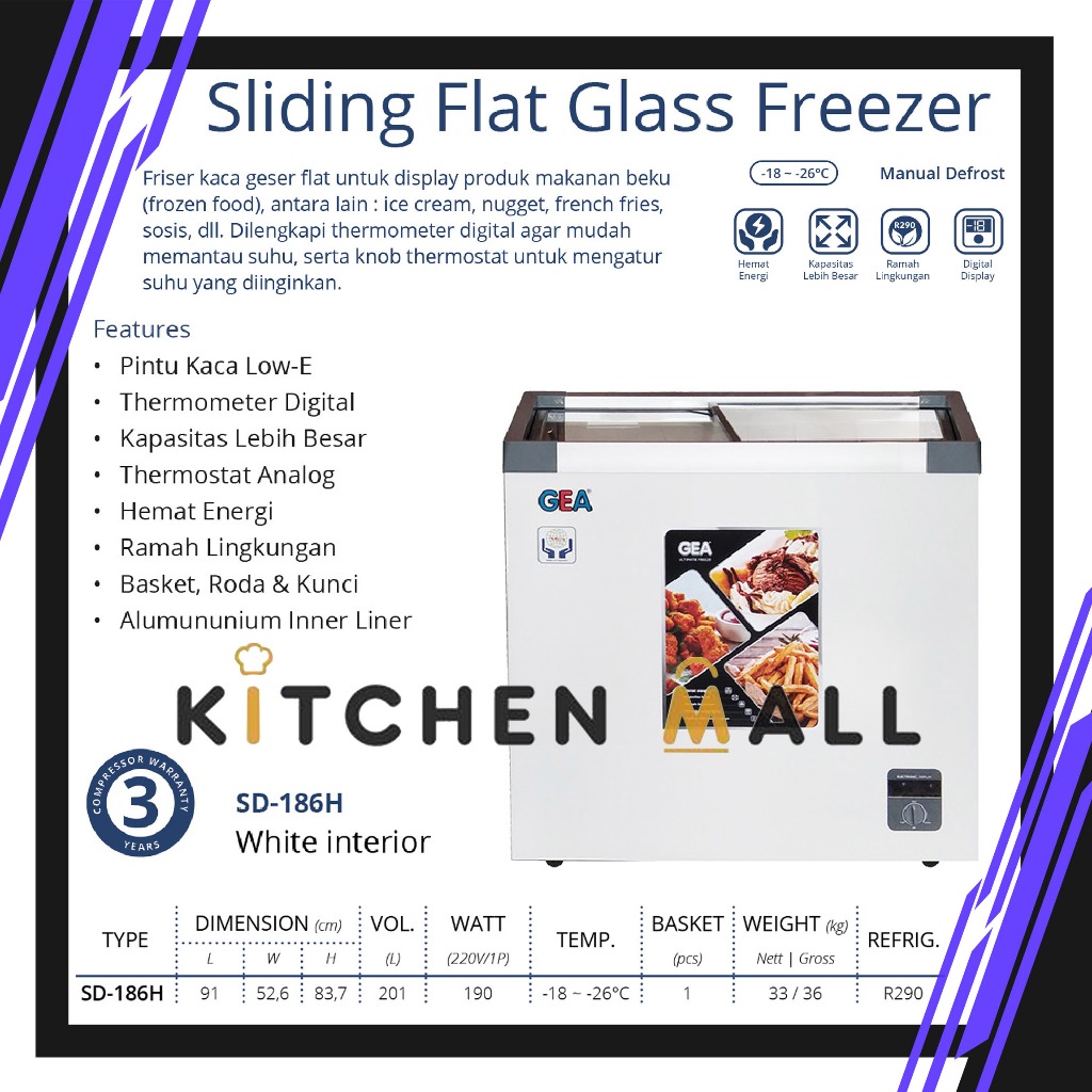 GEA SD-186H sliding flat glass freezer / freezer pintu kaca datar/FREEZER BOX PINTU KACA SLIDING